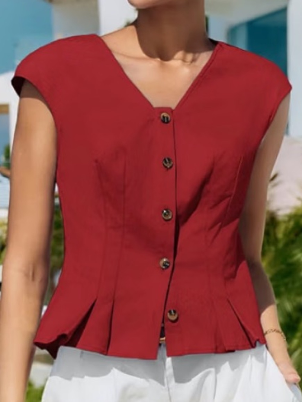 Kate Kasin Womens XL Red Cropped Button Front Peplum Vest Top Cap Sleeve NWT